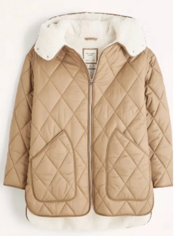 Abercrombie & Fitch Quilted Tan Puffer Jacket with White Sherpa Collar Sz Small - Image 14