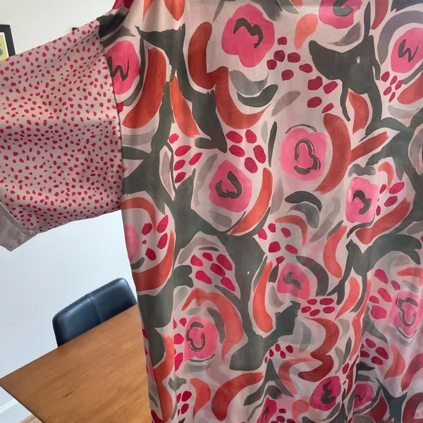 Abstract Painterly Floral Top Mixed Media Dotted Sleeve Maximalist XL Teacher - Image 7