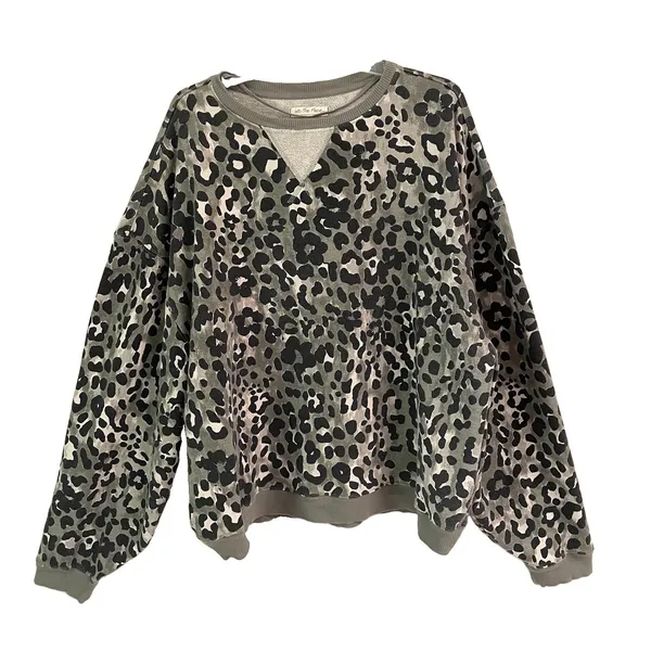 Free People We The Free Camo Leopard Sweatshirt Women's M Gray Oversized Terry - Image 2