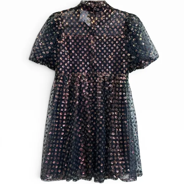 Queen Of Sparkles Navy Sequin Flower Mini Dress Mock Neck‎ Puff Sleeve XS NWT - Image 4