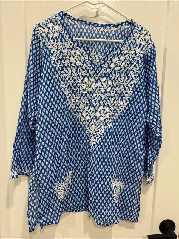 Mul cotton Blue and White Embroidered V-Neck Tunic Top kurti top - Image 3