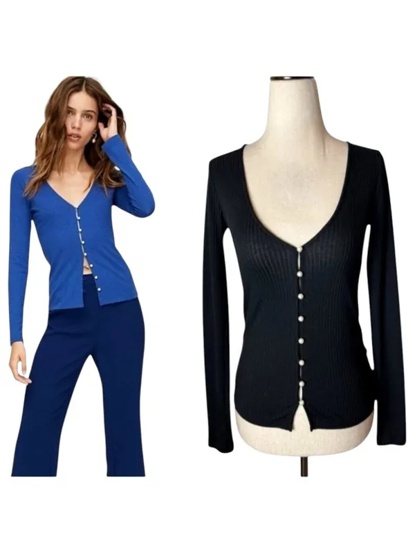 Aritzia Wilfred Sweater‎ Women XXS Black Pearl Button Ribbed Knit Top Whimsigoth - Image 2