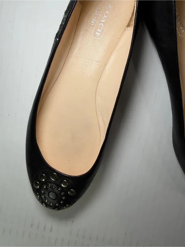 Coach Black Leather Studded Round-Toe Flats measure size 7 - Image 4