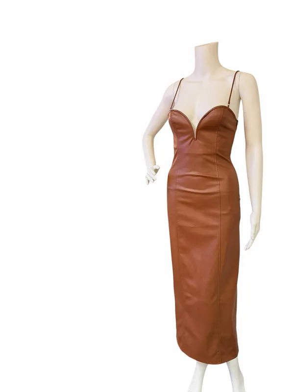 Zara Blogger Strapless Faux Leather Brown Maxi Dress - Image 4
