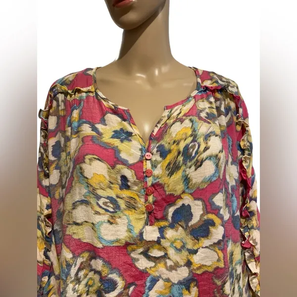 Zac & Rachel Watercolor Boho Blouse Sleeve Ruffle size L - Image 2