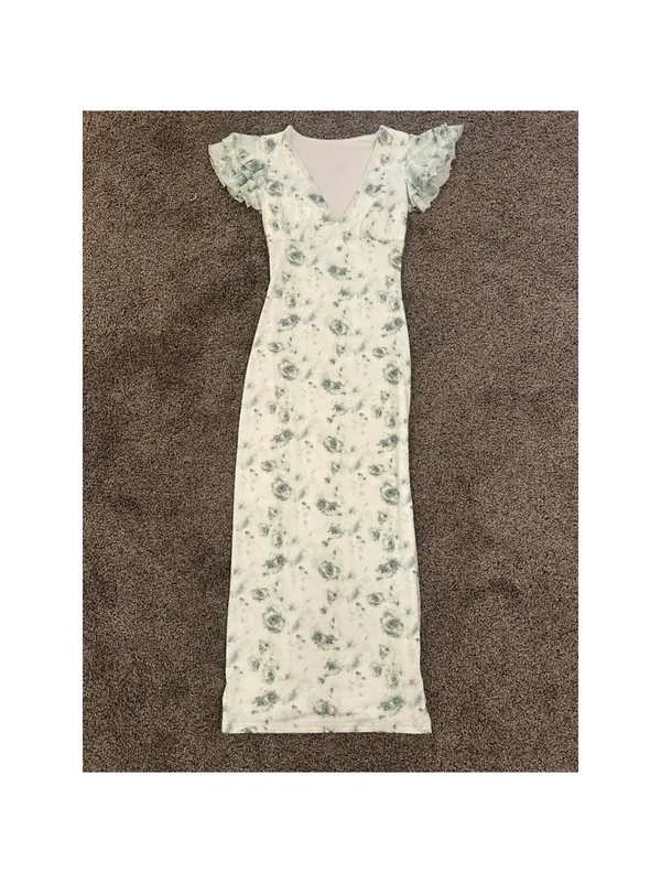 White Green Floral Maxi Dress Ruffle Sleeve Bodycon XS - Image 2