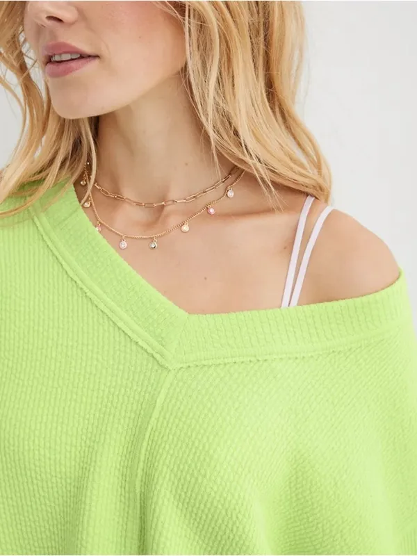 Aerie Wonder Textured V-Neck Sweatshirt Green Glow Oversized Loungewear Neon - Image 3