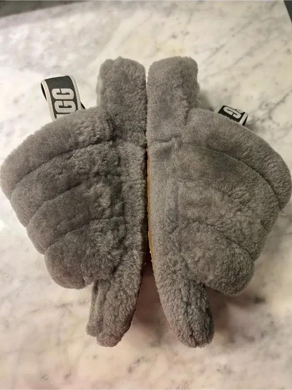 UGG Plush Quilted Gray Fluff Slide with Branded Strap - Image 7