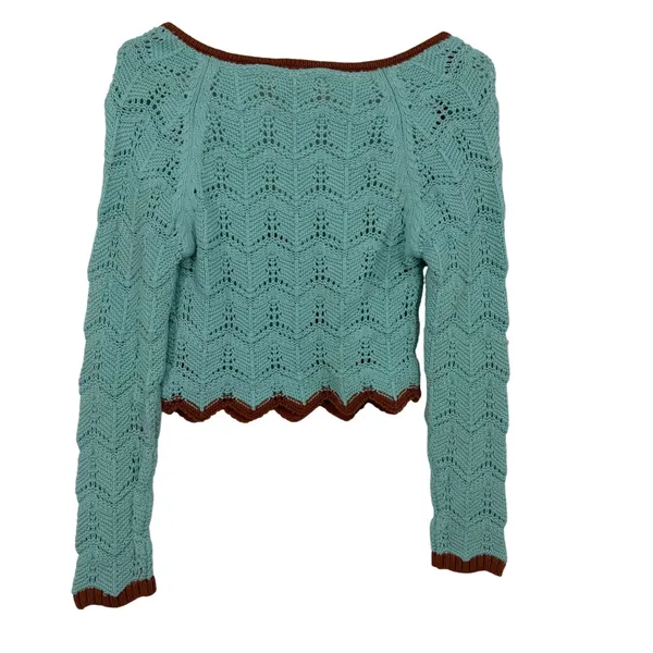 Urban Outfitters Mint Green Pointelle Knit Cropped‎ Sweater Brown Trim Bow Med - Image 6
