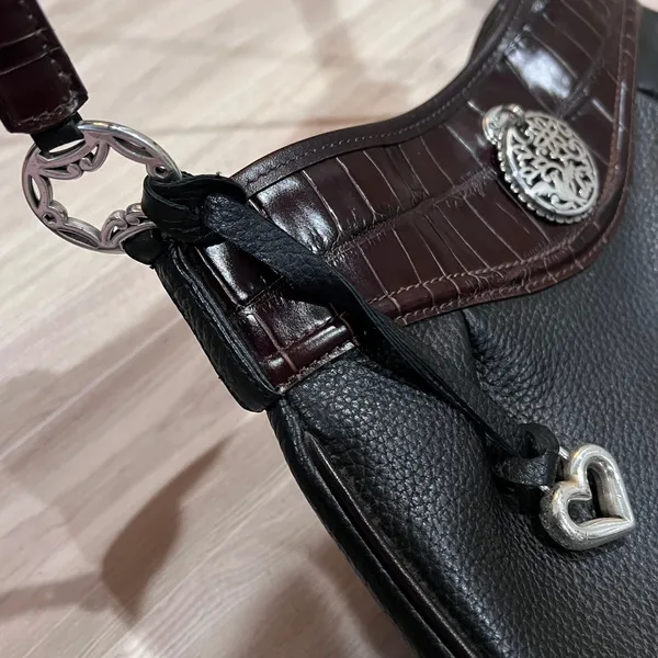 Brighton Black & Brown Leather Handbag Shoulder Bag Croc Trim Heart Charm Medium - Image 10