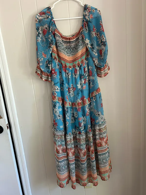 Blue Floral Smocked Tiered Midi Dress - Image 2