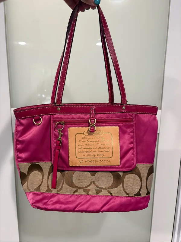 Vintage Coach Reversible Stripe Tote Bag Khaki Pink Canvas with Leather Trim - Image 9