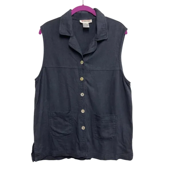 Talbots‎ Linen Blend Button Front Vest Medium Blue Sleeveless Vintage Top - Image 2