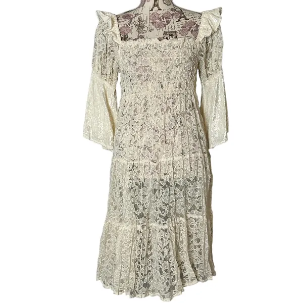 Vintage Cream Lace Velvet Victorian Cottagecore Dress Flare Sleeves Ruffle - Image 4