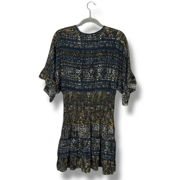 IRO‎ Dress 36 Tulsa Printed Silk Tiered Mini Snake Print Smocked Ruffle Green - Image 9
