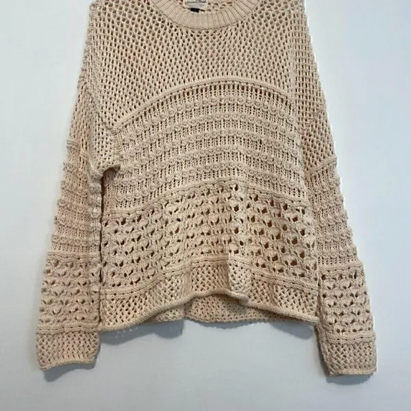 UNIVERSAL THREAD Cream Beige Mixed Knit Crochet Open Weave Crew Neck Sweater S - Image 4