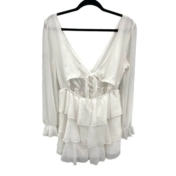 Tiered Ruffle White Mini‎ Dress Womens Large V Neck Romantic Feminine Tie Back - Image 4