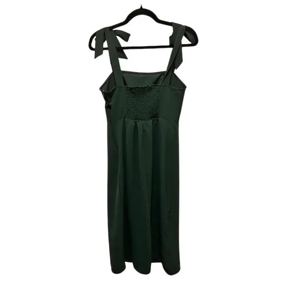 Deep Green Tie Shoulder Smocked Back Midi Dress Wedding Guest Garden Party Small - Image 2