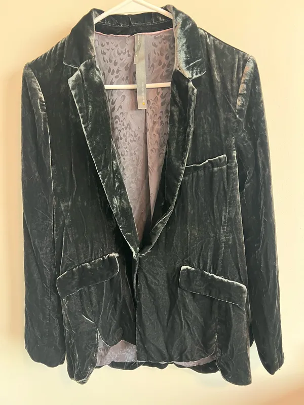 Anthropologie Alessia Velvet Blazer Jacket Womens S Emerald Green Crushed Velvet - Image 3