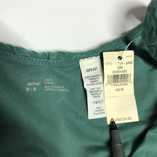 Aerie Bikini Bottom Cheeky High Cut High Rise Textured Wavy Green M - Image 3