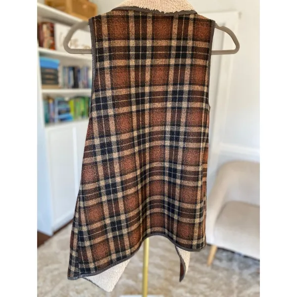 Jodifl‎ Plaid Sherpa Lined Longline Vest Cardigan Cozy Quiet Luxury Brown Camel - Image 3