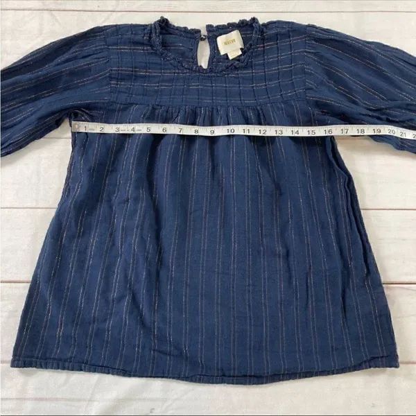 Anthropologie Maeve Navy Striped Long Sleeve Keyhole Back Pleated Blouse Size M - Image 6