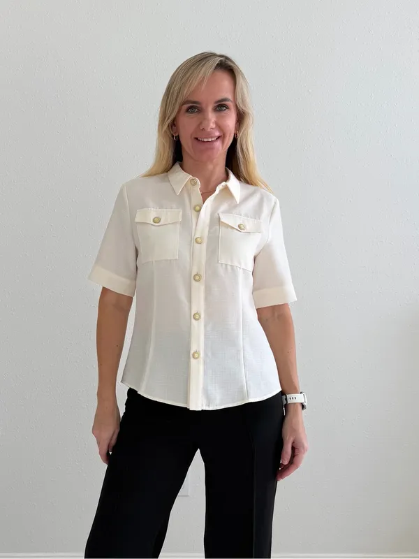 AMII Ivory Textured Short Sleeve Button Down Shirt Gold Buttons M - Image 4