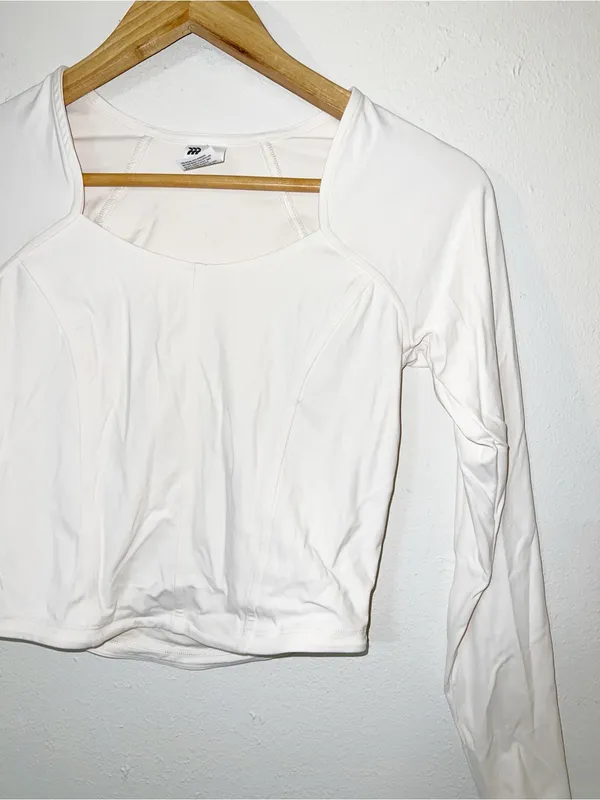All in motion Off White Long Sleeve Square Neck Corset Active Crop Top - Image 2