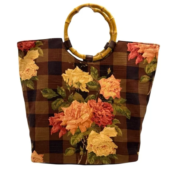 Cynthia Hart Los Angeles Floral Plaid Tote Bag Purse Bamboo Handles Gold Brown - Image 3