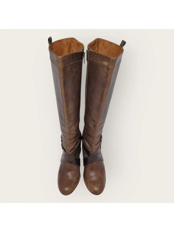 Frye Andrea Belted Tall Full Zip Brown Leather Riding Boot Size 10M 77321 - Image 10