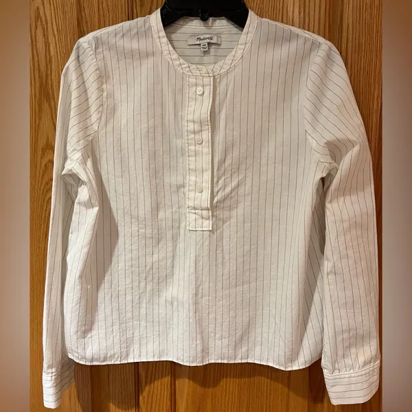 Madewell‎ White with Blue Striped Crew Neck Popover Cotton Top Shirt Size XXS - Image 2