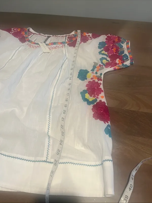 Anthropologie White Peasant Blouse with Pink Teal Yellow Floral Embroidery S NWT - Image 4