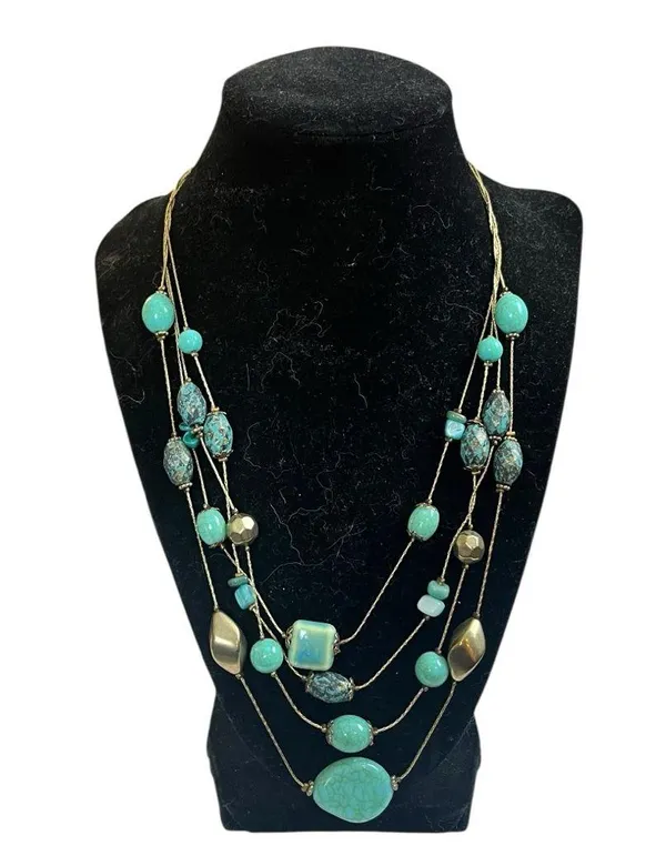 Chico’s Women’s Necklace Earrings Set Multi Strand Turquoise Gold 12” Length - Image 4