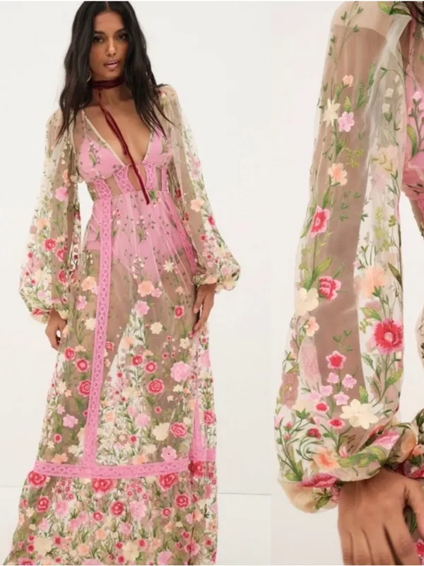 For Love & Lemons Luna Embroidered Floral Tulle Maxi Dress Ethereal Small New - Image 4