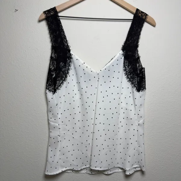 Lovestitch‎ Women Babydoll Tank Top Large White Black Polka Dot Lace Trim Whimsy - Image 6