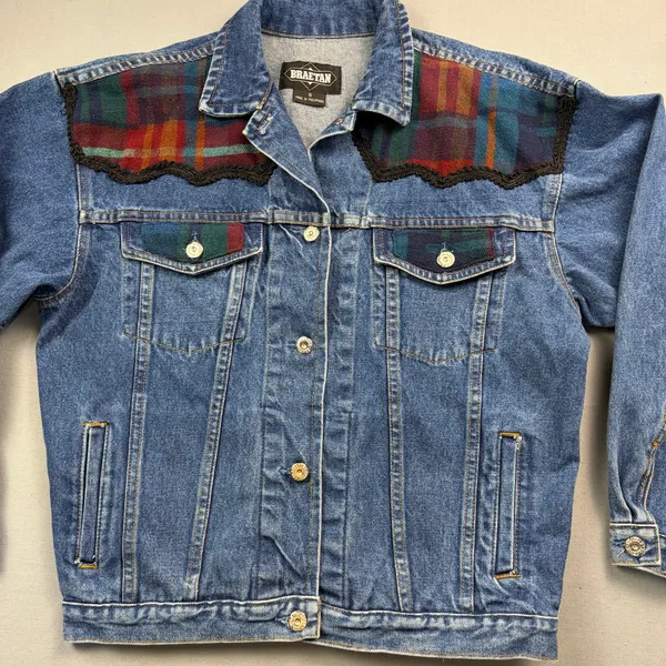 90s Vintage Jean Jacket Denim Trucker Jacket Western Plaid Wool Small - Image 2