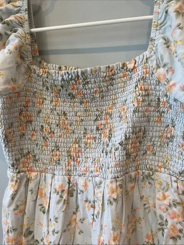 American Eagle Smocked Puff-Sleeve Floral mini Dress - Light Blue and Peach - Image 3