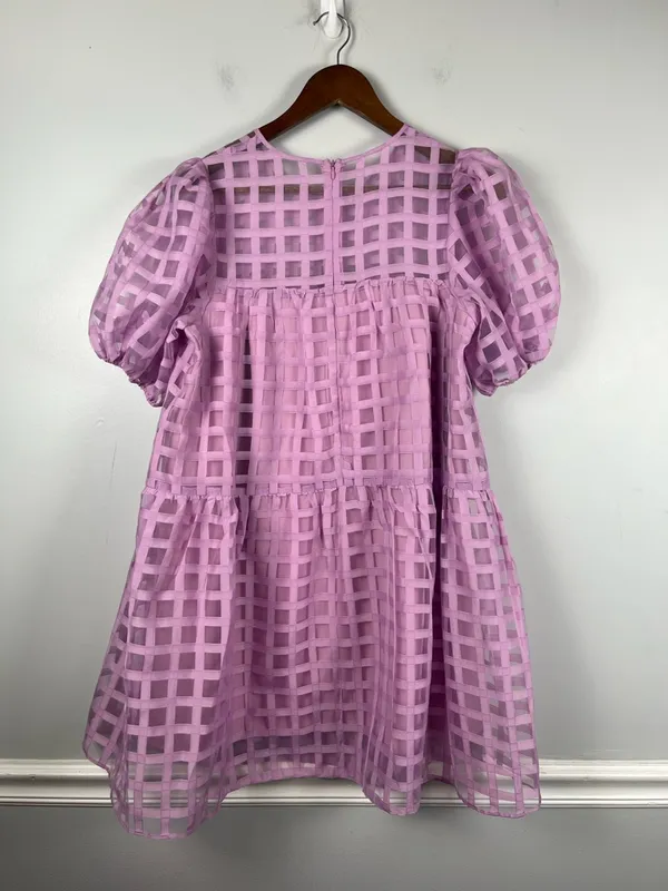 English factory Gridded Puff Sleeve Dress in lilac size small - Image 7