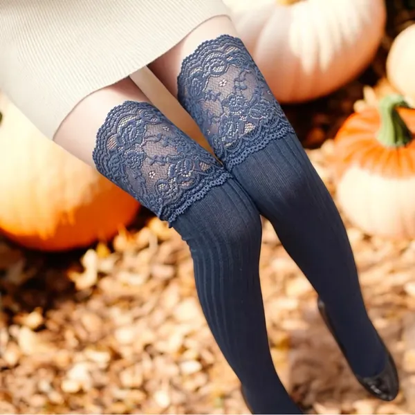 Black Thigh High Lace Top Stockings‎ Calf Socks with Warm Slim One Size - Image 11