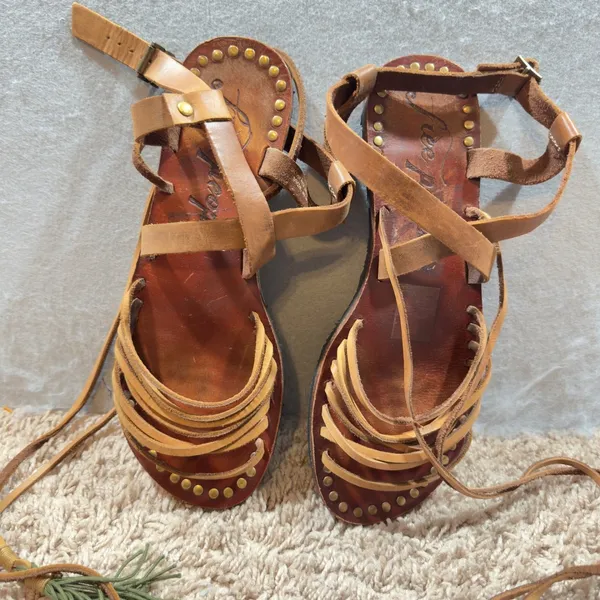 933|Free People Studded Boho Hippie Leather Gladiator Sandals Brown Women 37 6.5 - Image 11