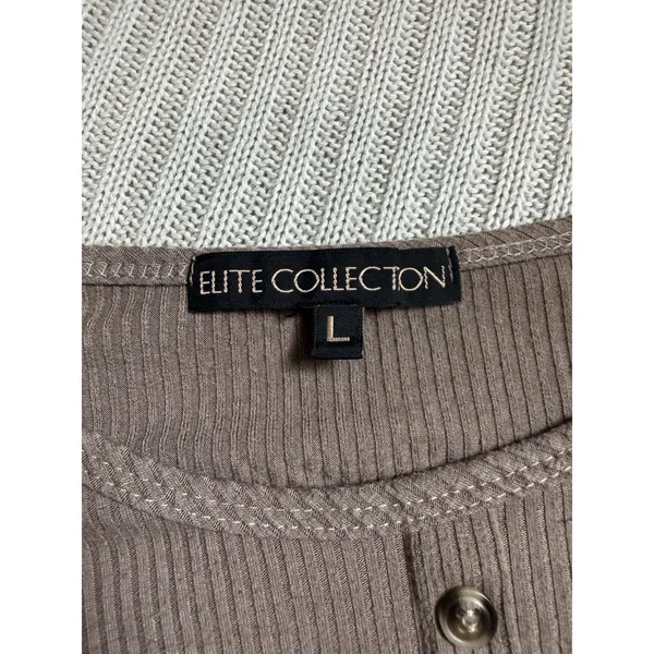 Elite Collection Brown Ribbed Knit Short Sleeve Round Neck Button Tie Hem Top L - Image 4
