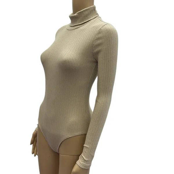 Ambiance Khaki Long Sleeve Ribbed Turtleneck Stretchy Bodysuit Top Women Small - Image 3