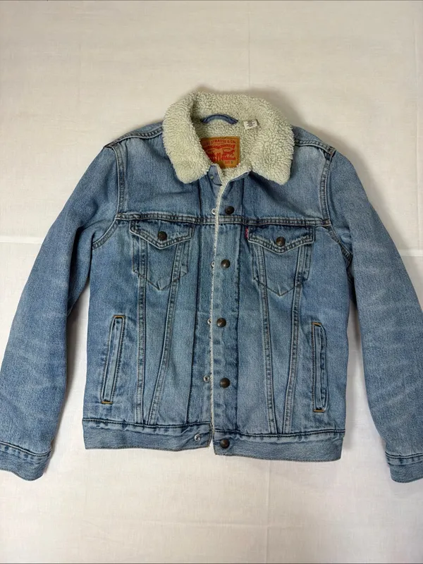 Levi's Sherpa Lined Blue denim Trucker Jacket Button Snap Closure S - Image 5
