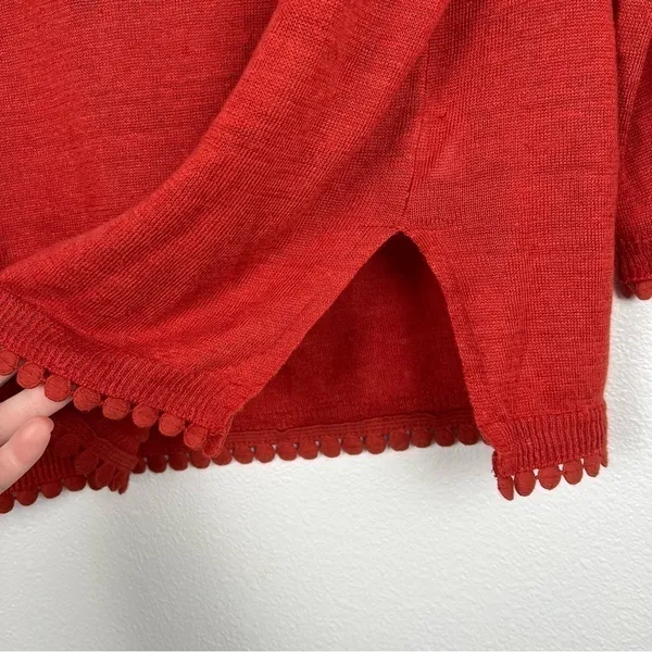 J Crew Linen Sweater With‎ Pom Pom Trim Red Sz XS - Image 4