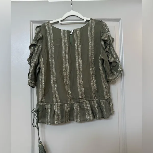MISA Los Angeles Green/Gold Metallic Sedona Shimmer Ruffled Short Sleeve Blouse - Image 5