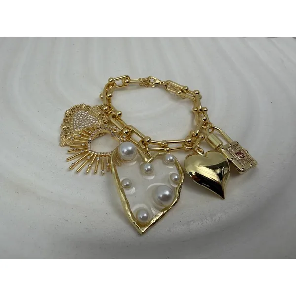 Gold Tone Heart Charm Bracelet Pearl Crystal Paperclip Chain Statement NEW - Image 3
