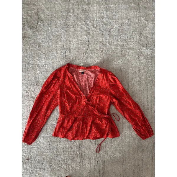 Universal Thread Red Floral Wrap Blouse Womens Large Long Sleeve Tie Waist - Image 7