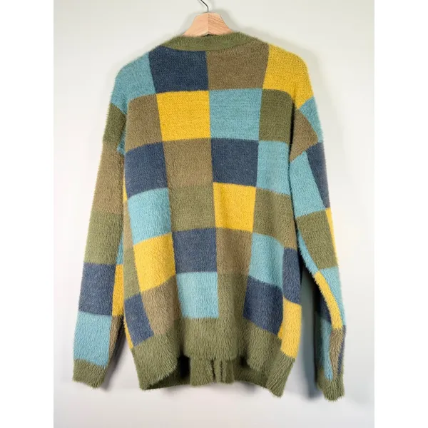 Listicle Women Green Yellow Blue Checkerboard‎ Fuzzy Eyelash Knit Cardigan Large - Image 5
