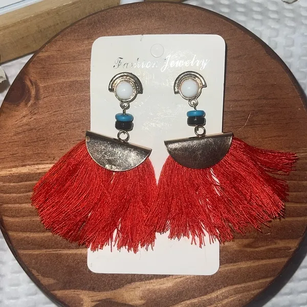 Aesthetic Red Tassel Earrings, Fabric Fringe SmallTassel Earrings Trendy Tassel - Image 2
