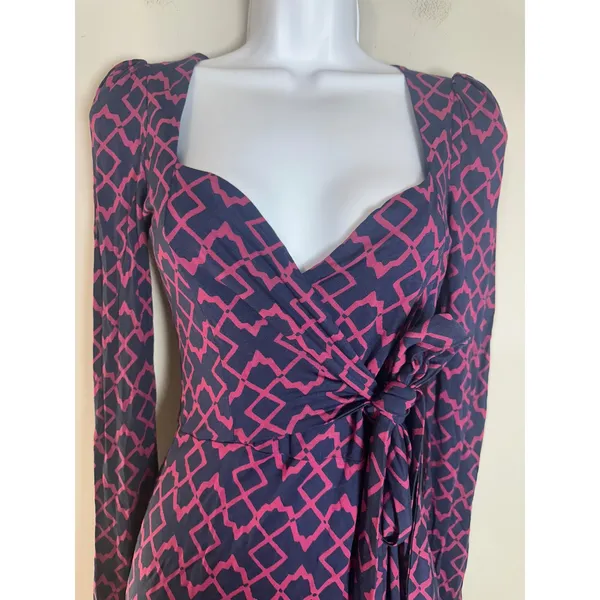 French Connection Navy Pink Geometric Faux Wrap Long Sleeve Mini Dress Size 2 - Image 2